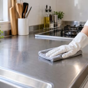 キッチンの調理台をクロスで拭くイメージ